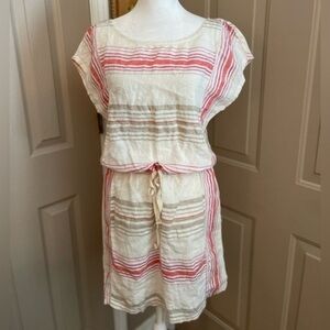 Loft Ann Taylor cream striped linen short sleeve draw string waist. Size S.